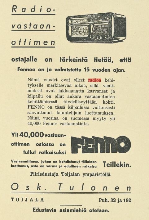 Fenno-radion mainos vuodelta 1939, klikkaa kuva isommaksi